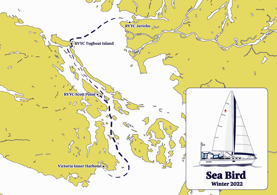 Passage Map Victoria Inner Harbour to RVYC Jericho via Scott Point and Tugboat Island Winter 2022